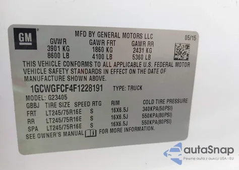 2015 Chevrolet Express 2500 Work Van z USA, uszkodzony, nr VIN 1GCWGFCF4F1228191